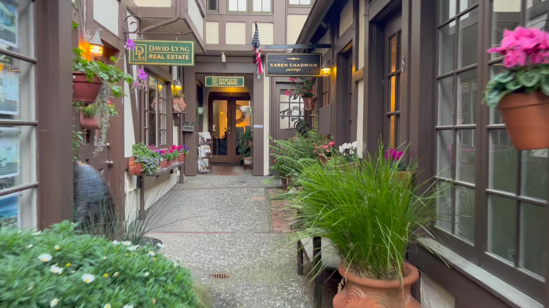 The Morgan Court courtyard leading to Carmel's Barber, one block off Ocean Ave in Carmel-by-the-Sea