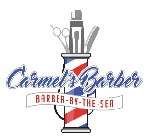 Carmel's Barber logo — barber pole with scissors and combs
